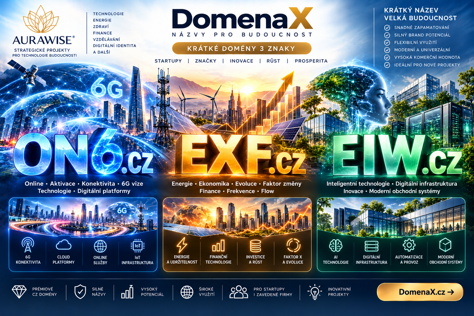 Tříznakové .CZ domény na prodej | ON6, EXF, EIW | DomenaX